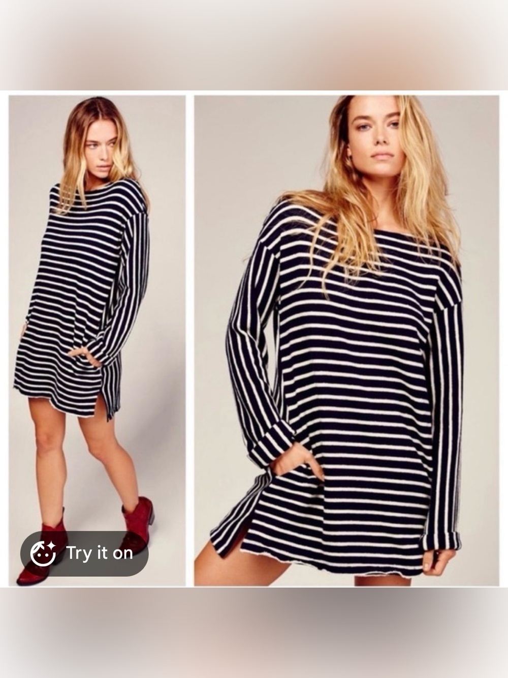 Intimately Free People Come On Over Navy/White Striped Tunic - Picture 1 of 10